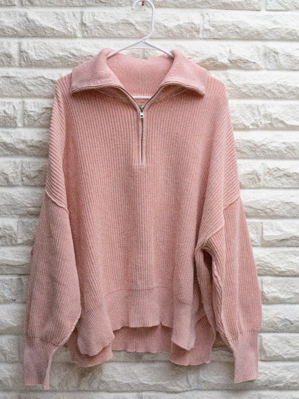 Aerie Oversized Quarter Zip Sweater Pink Ribbed Cotton Size M 100% Cotton